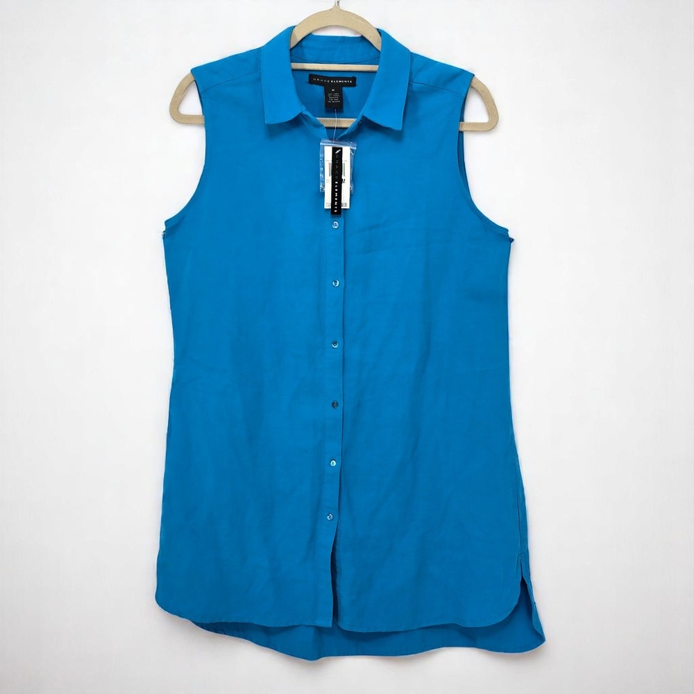 Grace Elements Linen Tencel Button Down Shirt Woman‎ Medium Sleeveless Blue NWT